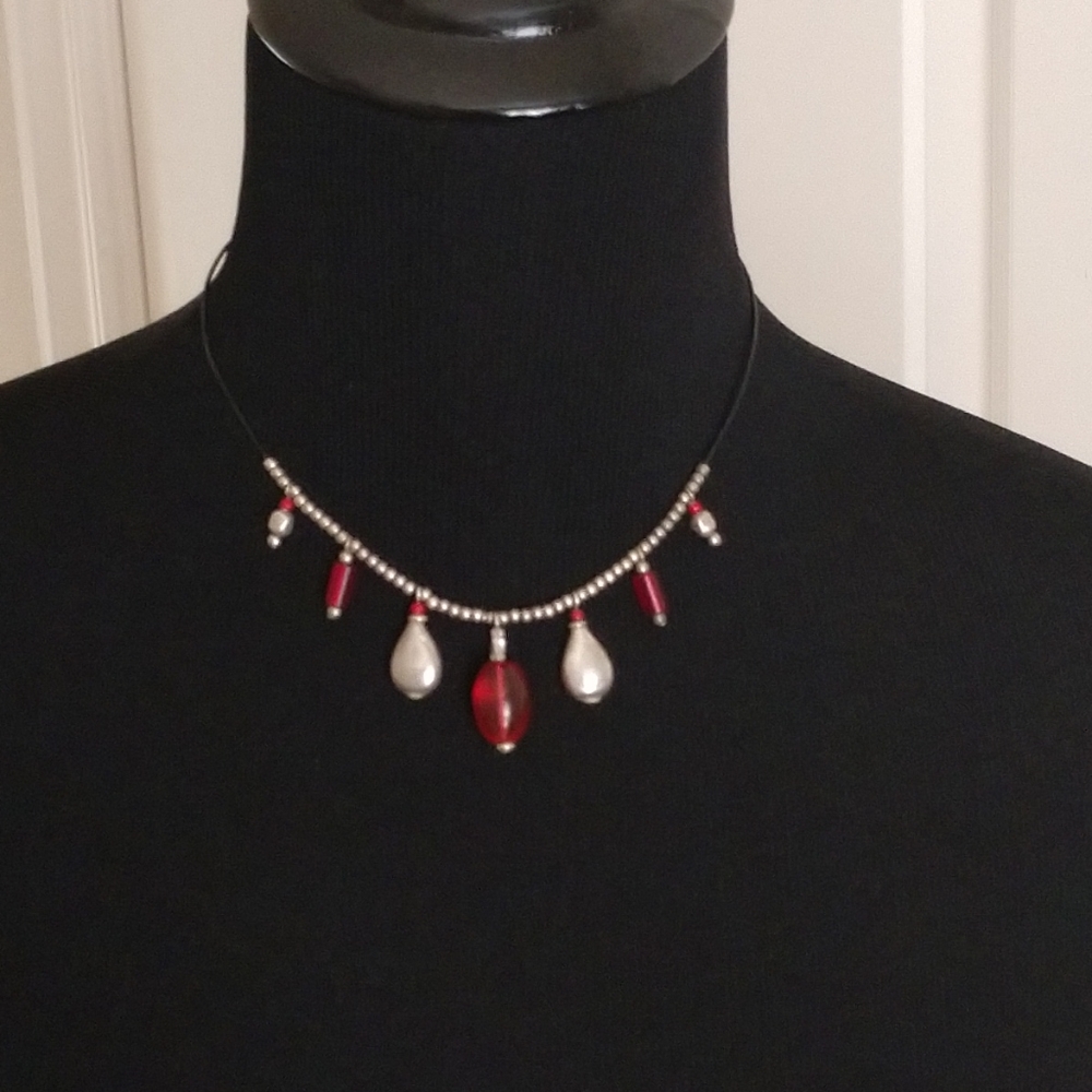 Vintage Marjorie Baer Red & Silver Bead Necklace